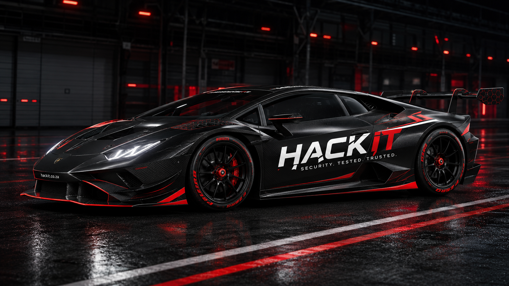 Full black Lamborghini-style track car with HackIT cybersecurity racing signage